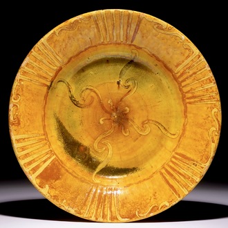 Alfred William Finch (1854 –1930): A large yellow-glazed slip-decorated ceramic dish